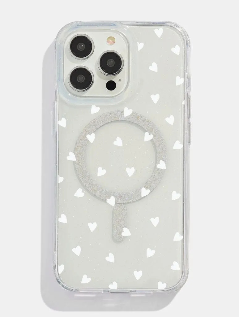 Travel Friendly Casual Wear White Ditsy Hearts Glitter MagSafe iPhone Case