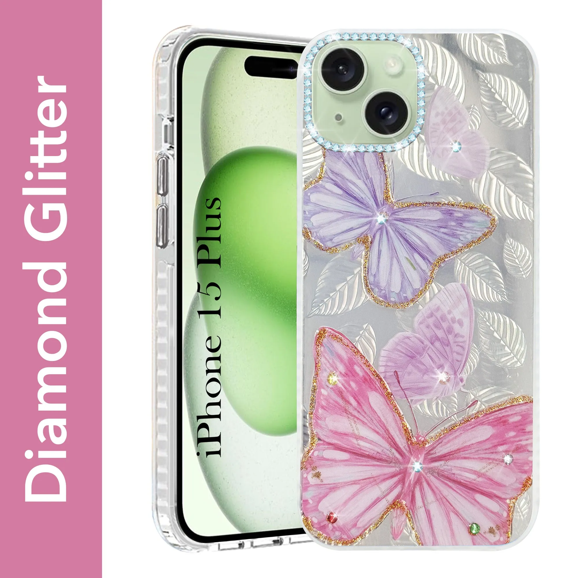 For Apple iPhone 15 Plus Back Cover Case (Luxury Floral Glitter Cute Butterfly | Diamond Studded Camera Bump | Girls & Women Design) Rugged Feel