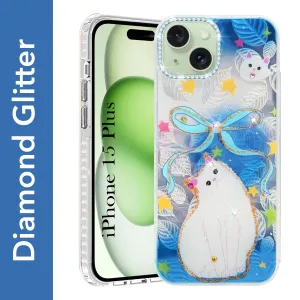 Protective Detailing Flexible Surface Texture For Apple iPhone 15 Plus Back Cover Case (Luxury Floral Glitter Cute Butterfly | Diamond Studded Camera Bump | Girls & Women Design)