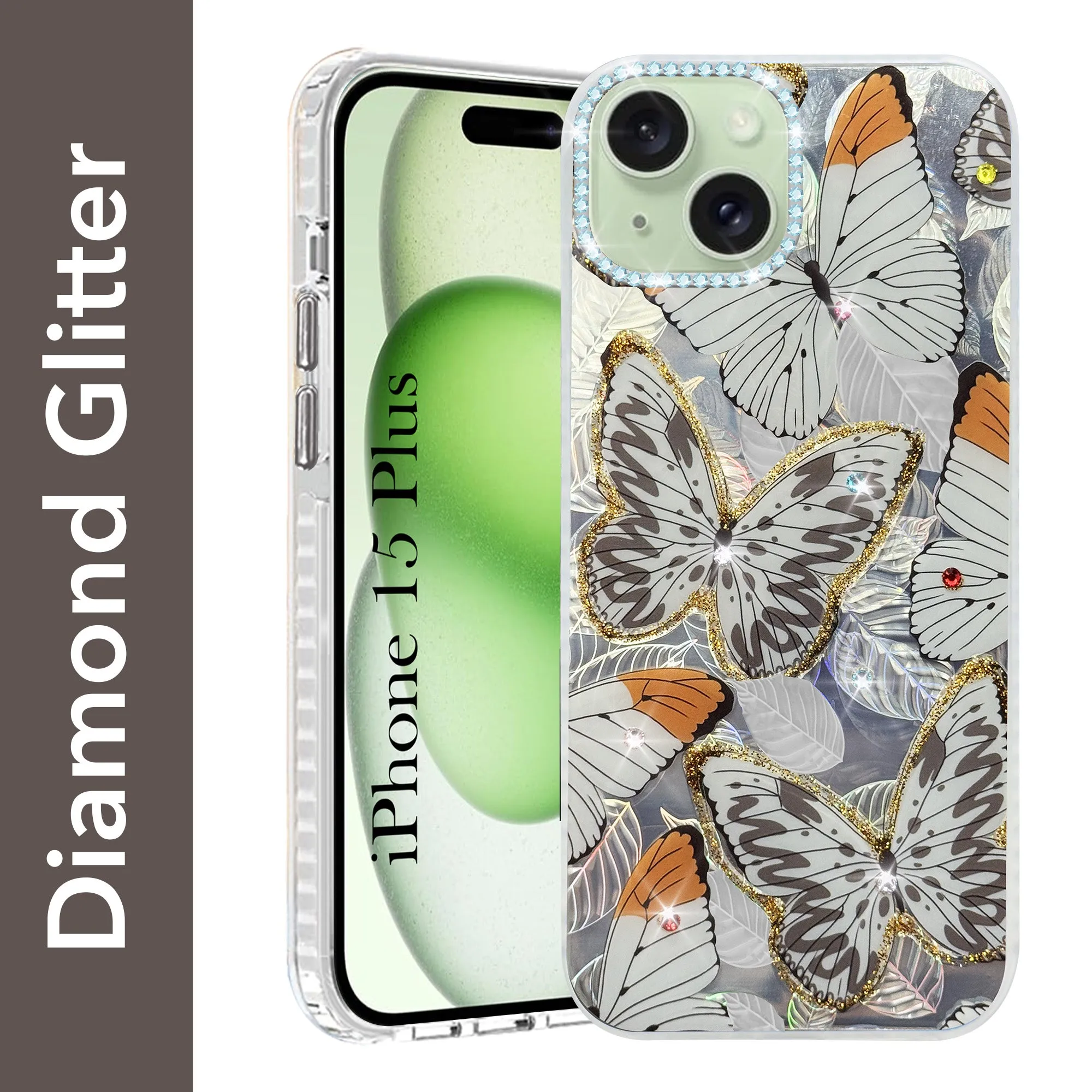 For Apple iPhone 15 Plus Back Cover Case (Luxury Floral Glitter Cute Butterfly | Diamond Studded Camera Bump | Girls & Women Design) Sleek Guard Durable Texture Build