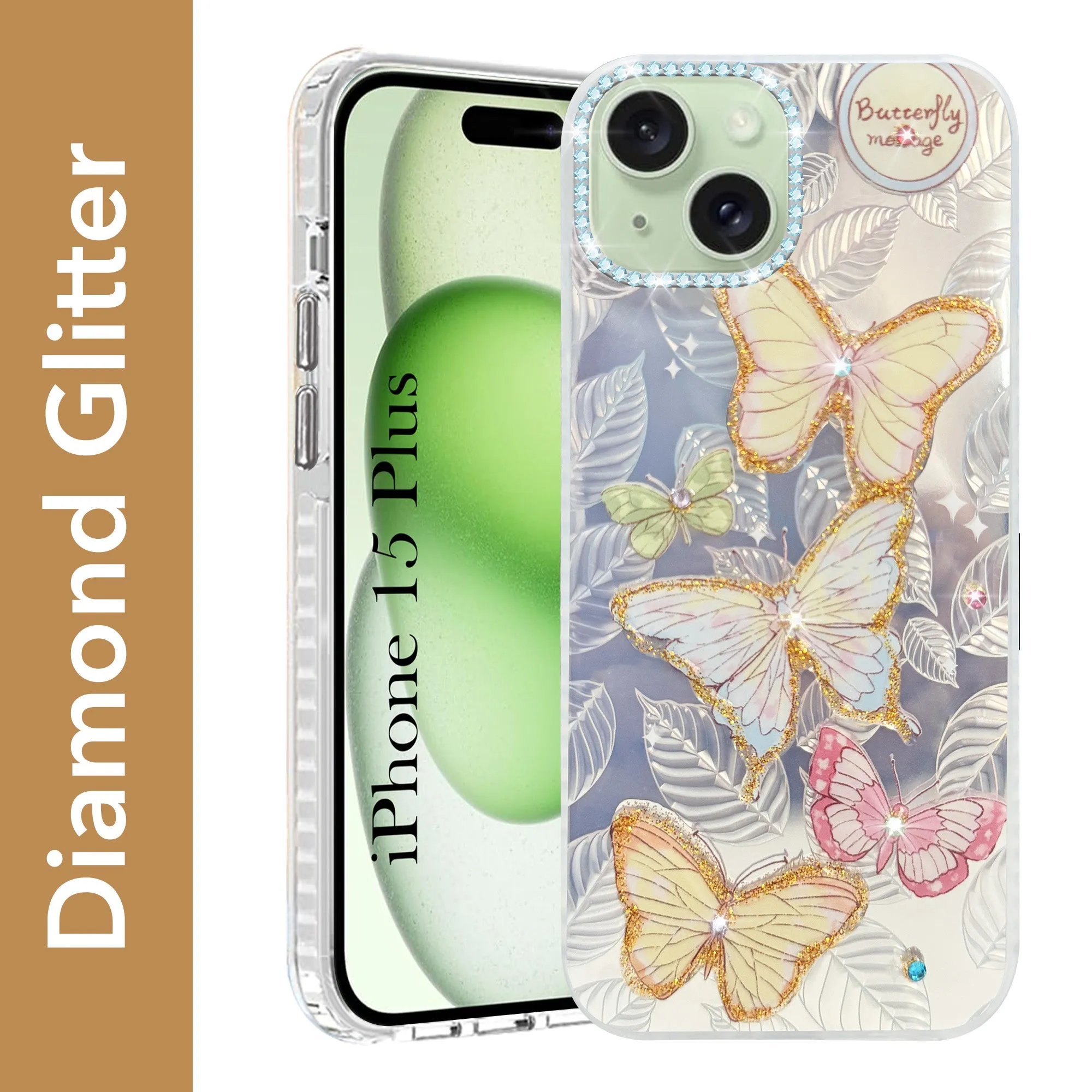 Strong Frame Modern Texture For Apple iPhone 15 Plus Back Cover Case (Luxury Floral Glitter Cute Butterfly | Diamond Studded Camera Bump | Girls & Women Design)