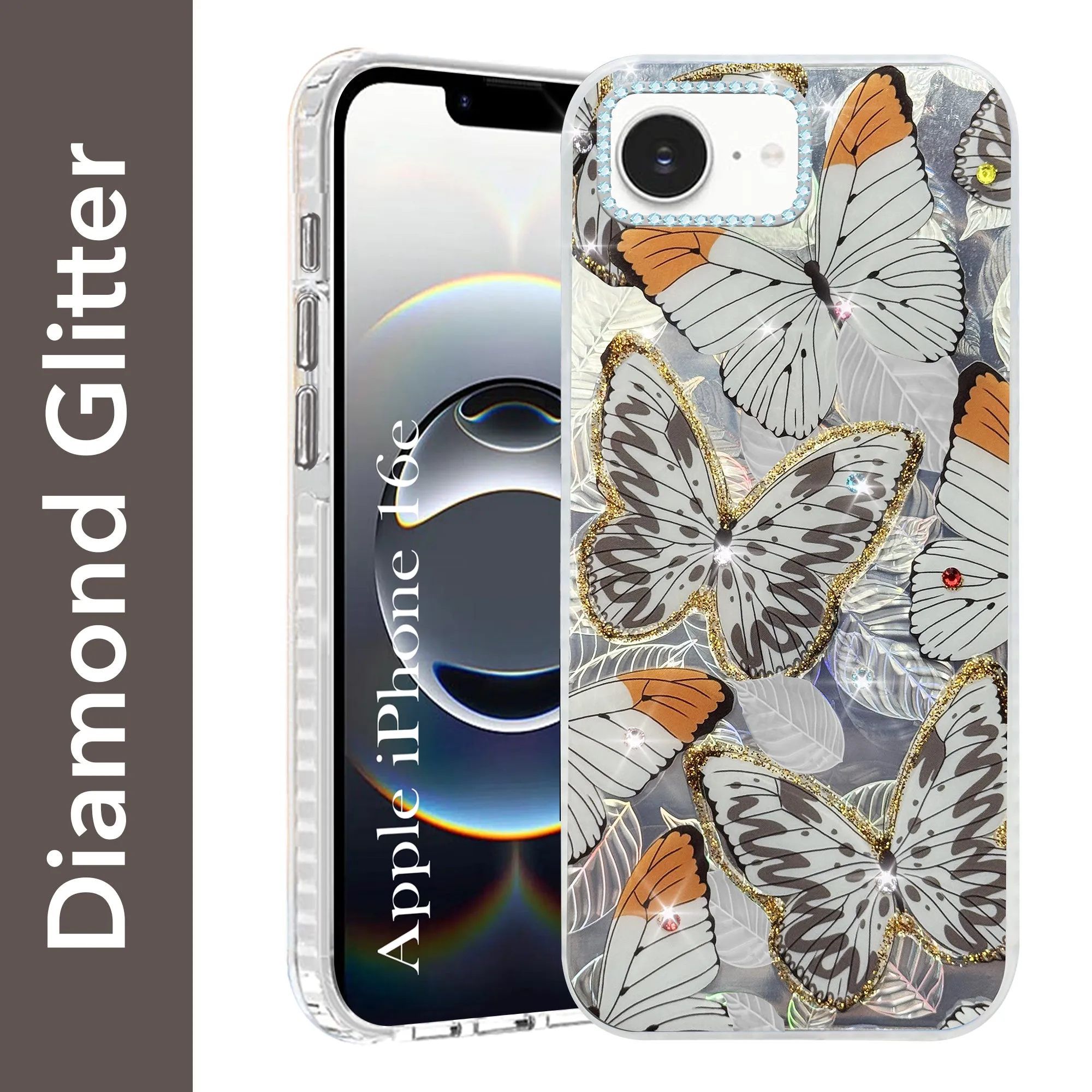 Wireless Charging Compatible For iPhone 16e Back Cover Case (Luxury Floral Glitter Cute Butterfly | Diamond Studded Camera Bump | Girls & Women Design)