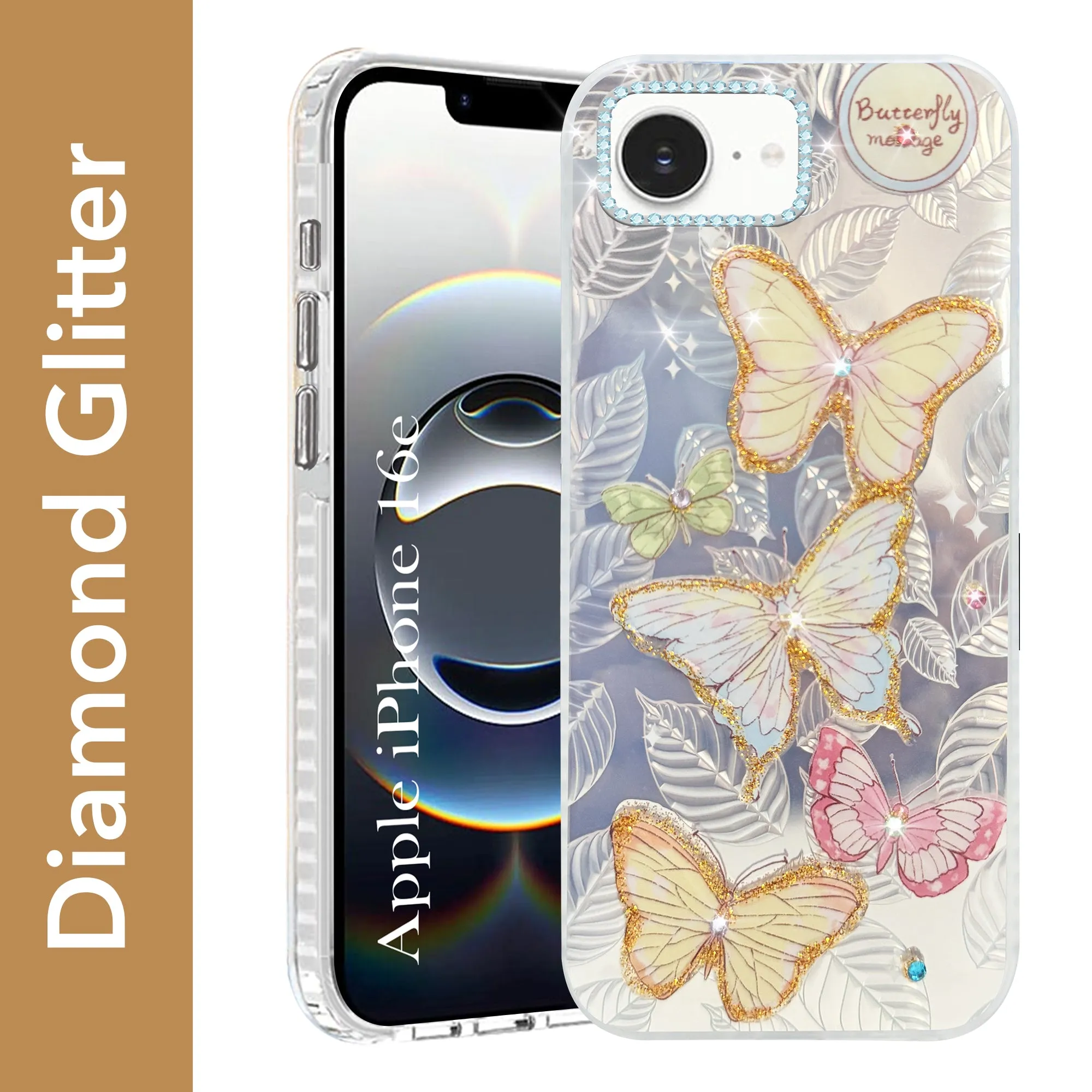 Trendy Texture Soft Frame For iPhone 16e Back Cover Case (Luxury Floral Glitter Cute Butterfly | Diamond Studded Camera Bump | Girls & Women Design)