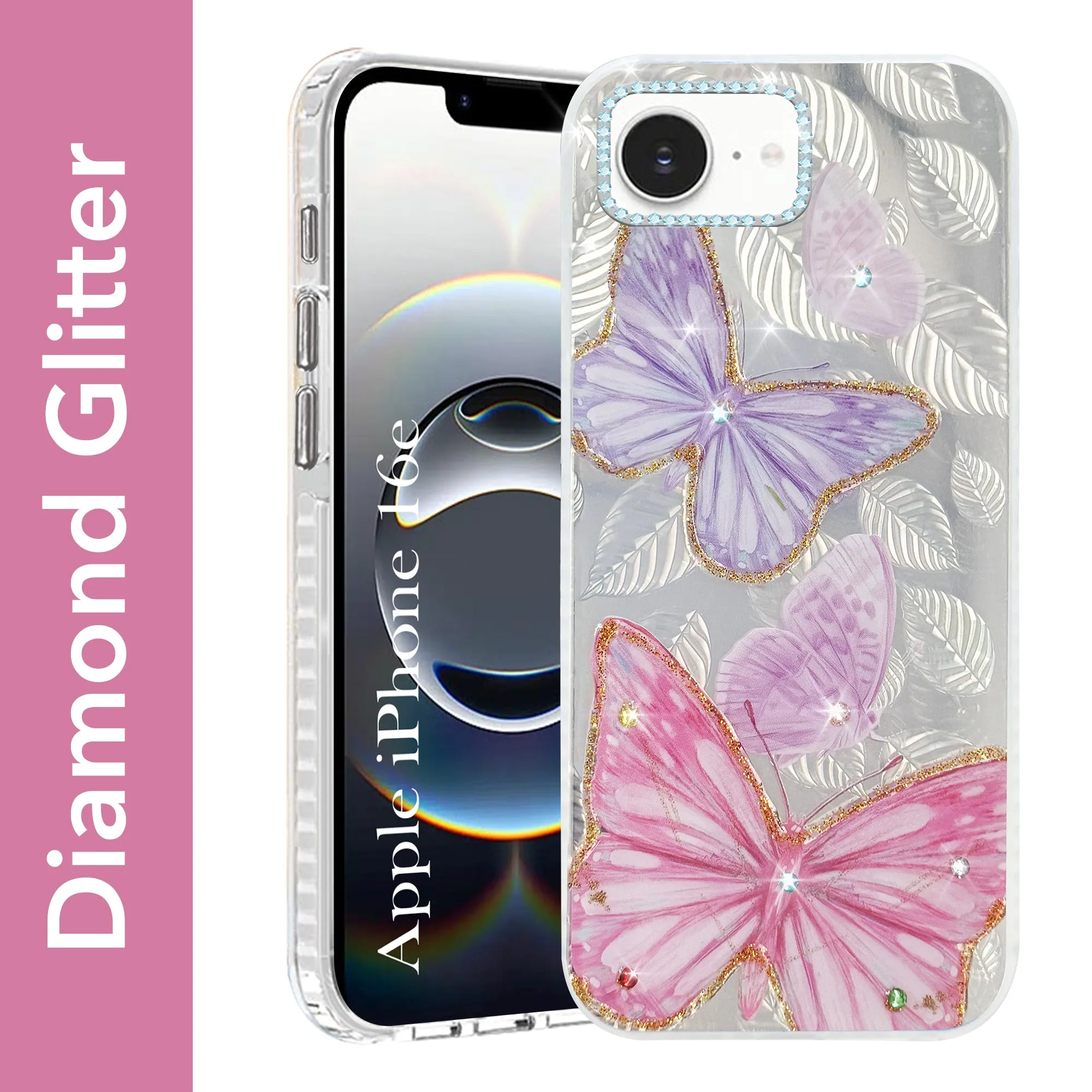 For iPhone 16e Back Cover Case (Luxury Floral Glitter Cute Butterfly | Diamond Studded Camera Bump | Girls & Women Design) Soft Cushion Protective Design