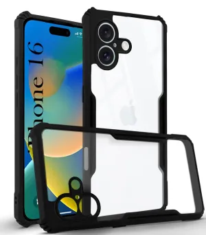 For Apple iPhone 16 Back Case Cover ( Polycarbonate Clear Panel with Shockproof | Black) Comfort Design Layer Unique Pattern