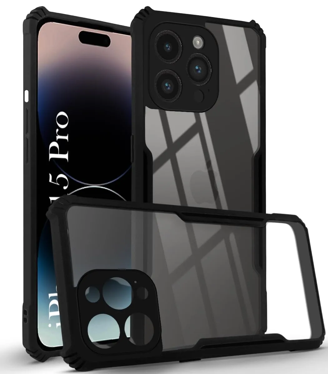 For iPhone 15 Pro Back Case Cover( Shockproof with Polycarbonate Clear Panel | Black) soft look