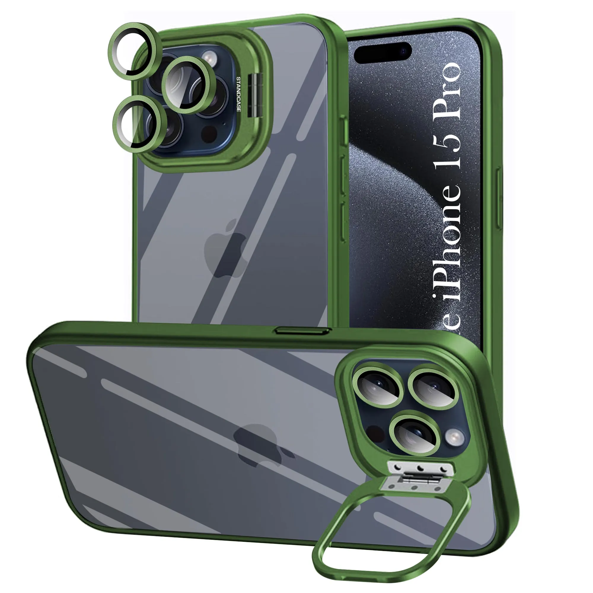 For Apple iPhone 15 Pro Back Cover Case (Camera Lens Glass | Metal Stand Holder | Shockproof Hybrid | Anti Yellow |) Smooth Texture Pattern Sleek Build