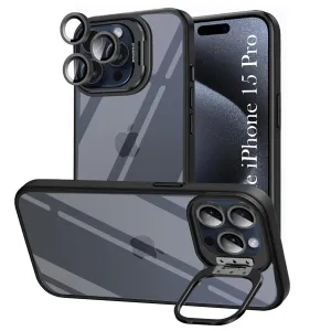 For Apple iPhone 15 Pro Back Cover Case (Camera Lens Glass | Metal Stand Holder | Shockproof Hybrid | Anti Yellow |) Stylish Form Rugged Frame Design