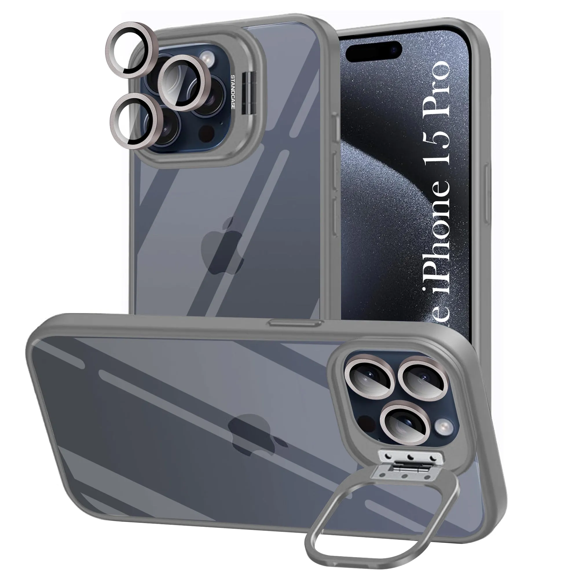 Soft Texture For Apple iPhone 15 Pro Back Cover Case (Camera Lens Glass | Metal Stand Holder | Shockproof Hybrid | Anti Yellow |)