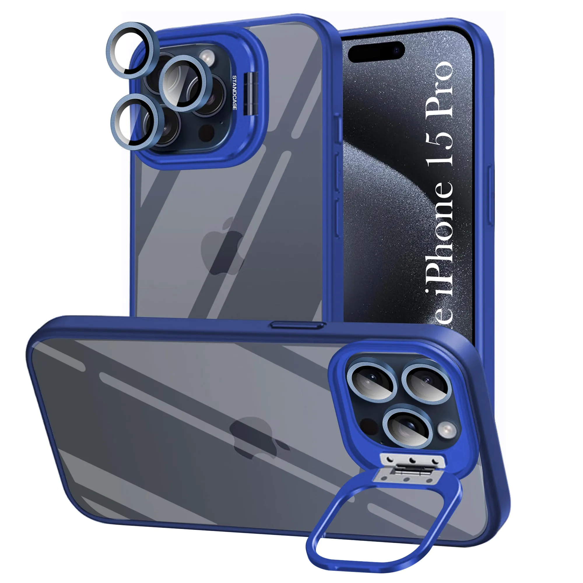 Protective Quality For Apple iPhone 15 Pro Back Cover Case (Camera Lens Glass | Metal Stand Holder | Shockproof Hybrid | Anti Yellow |)