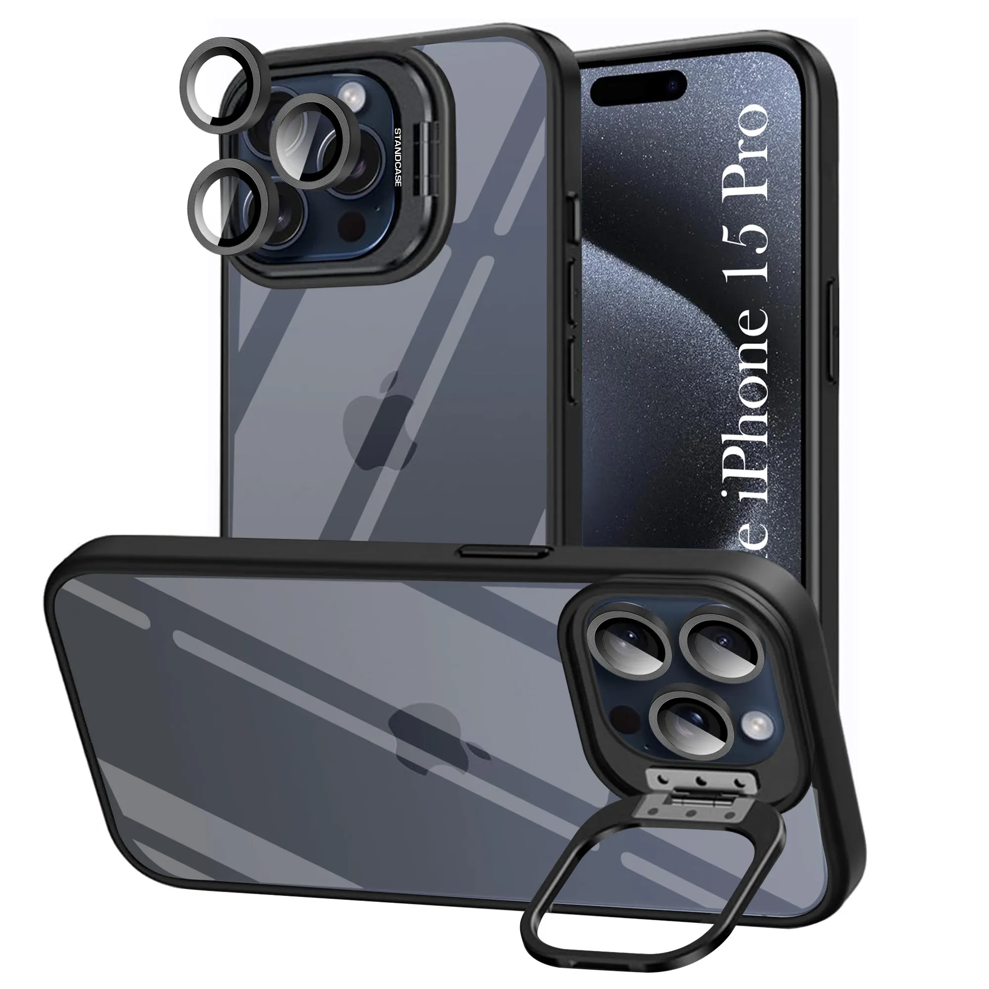 For Apple iPhone 15 Pro Back Cover Case (Camera Lens Glass | Metal Stand Holder | Shockproof Hybrid | Anti Yellow |) Stylish Form Rugged Frame Design