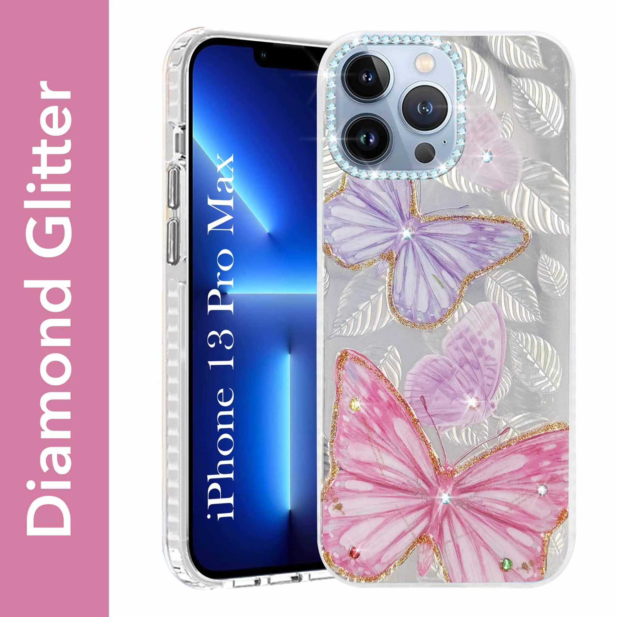 For Apple iPhone 13 Pro Max Back Cover Case (Luxury Floral Glitter Cute Butterfly | Diamond Studded Camera Bump | Girls & Women Design) Raised Bezels Comfort Texture