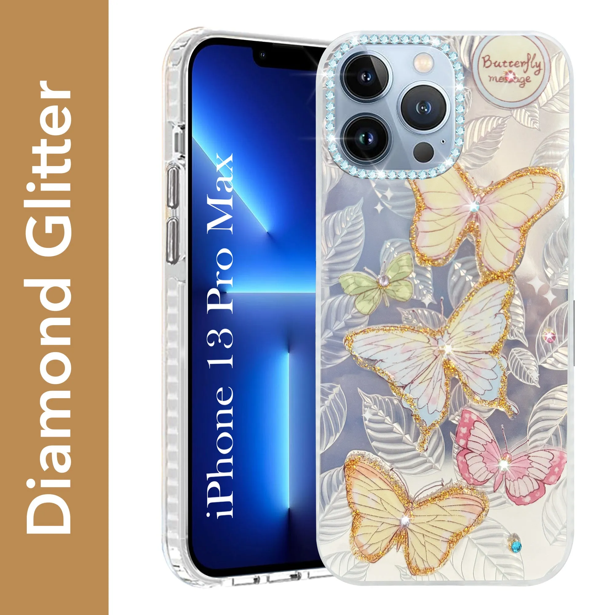 Smooth Layer Texture For Apple iPhone 13 Pro Max Back Cover Case (Luxury Floral Glitter Cute Butterfly | Diamond Studded Camera Bump | Girls & Women Design)