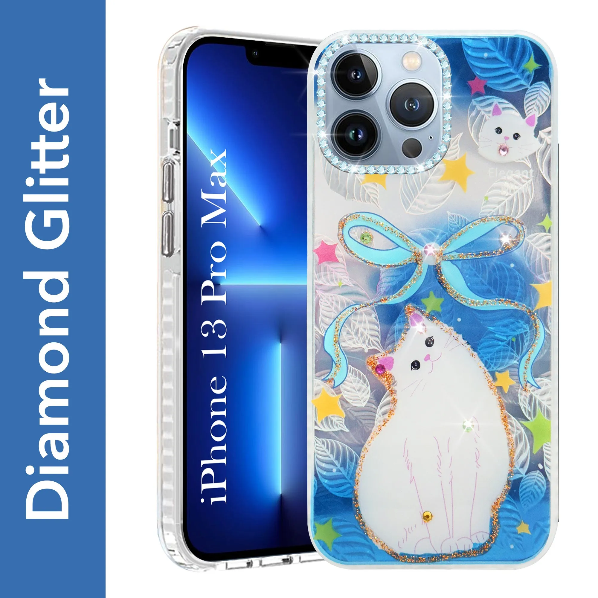 For Apple iPhone 13 Pro Max Back Cover Case (Luxury Floral Glitter Cute Butterfly | Diamond Studded Camera Bump | Girls & Women Design) Soft Shape