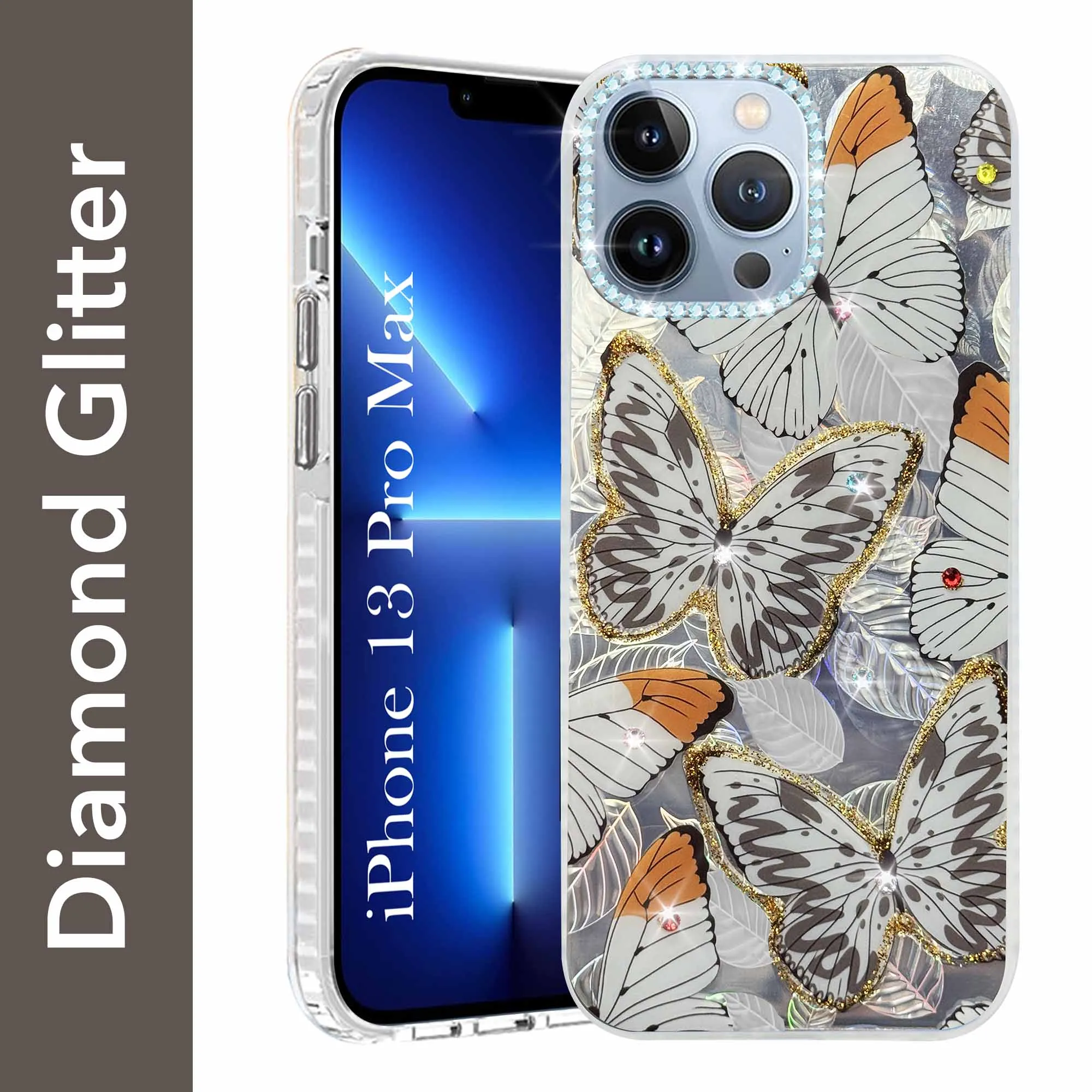 Travel Ready Raised Edges For Apple iPhone 13 Pro Max Back Cover Case (Luxury Floral Glitter Cute Butterfly | Diamond Studded Camera Bump | Girls & Women Design)