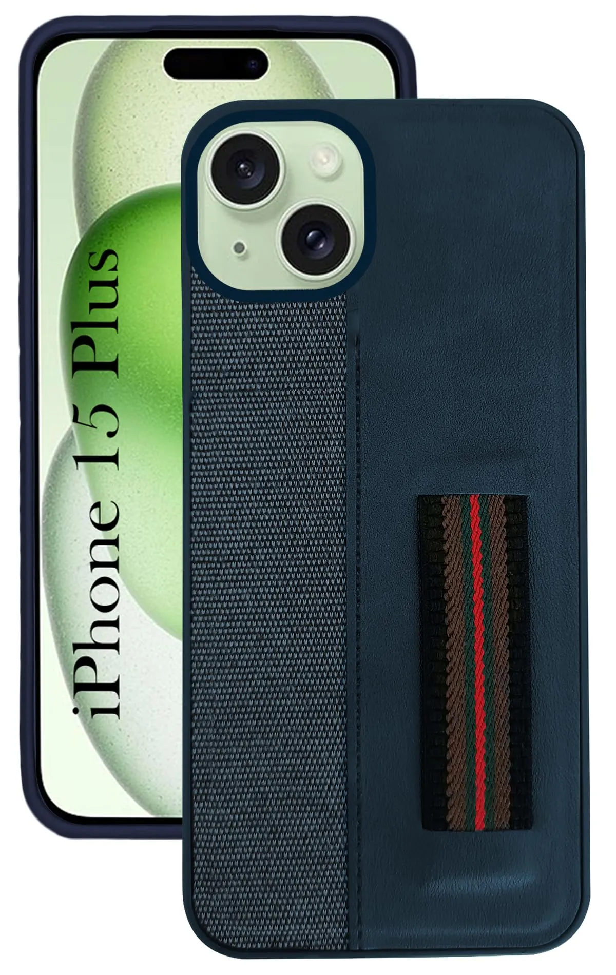 For iPhone 15 Plus Back Cover Case (Professional PU Leather | Strip Chain Holder Socket) Modern Frame Protective Shell Design