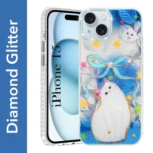 Flexible Material For Apple iPhone 15 Back Cover Case (Luxury Floral Glitter Cute Butterfly | Diamond Studded Camera Bump | Girls & Women Design)