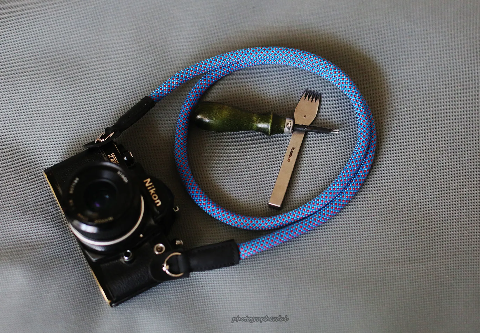 Handmade Camera Strap Sky Blue Climbing Rope Leather&Windmup.com exploration Climbing
