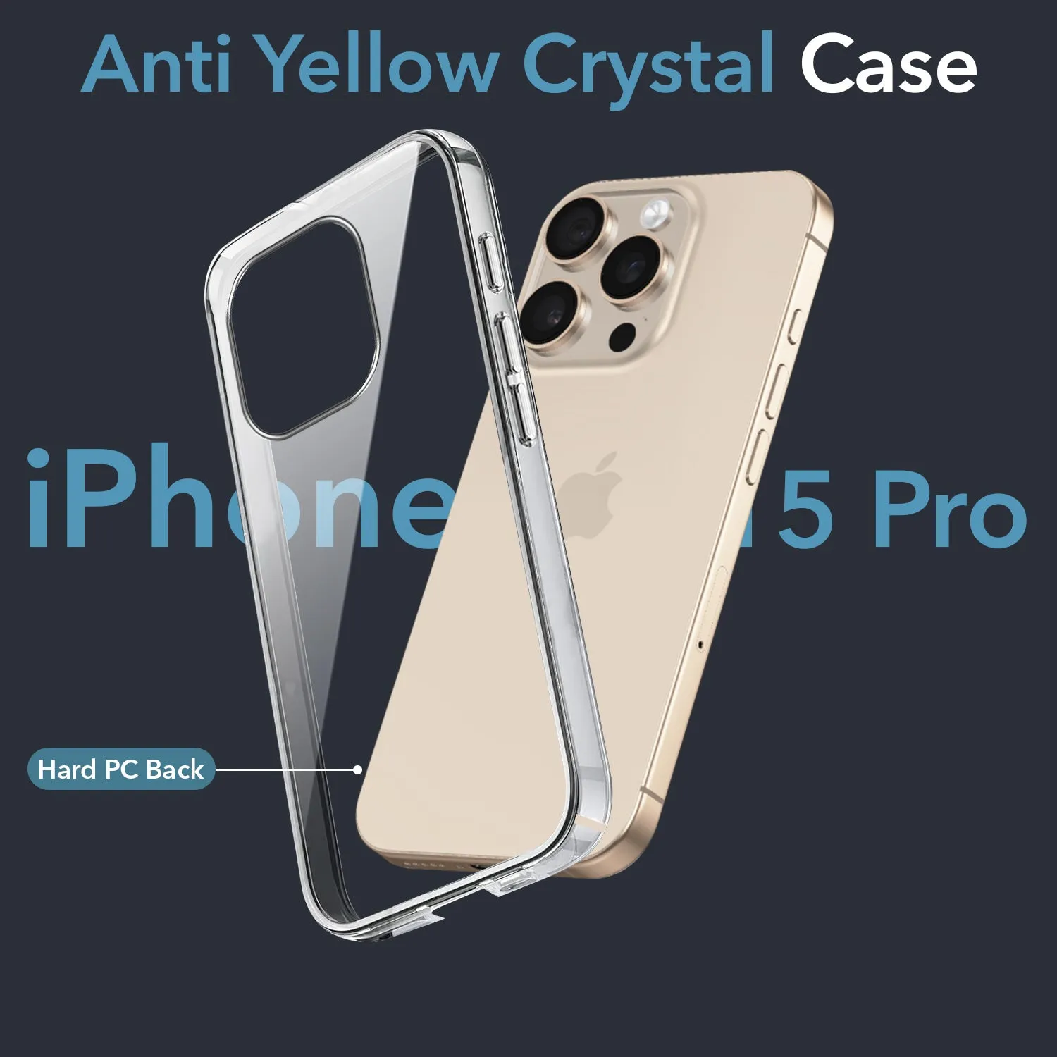 For Apple iPhone 15 Pro Back Cover Case (Hard Anti Yellow Clear Case | Drop & Camera Protection | Shockproof Polycarbonate) Textured Detail