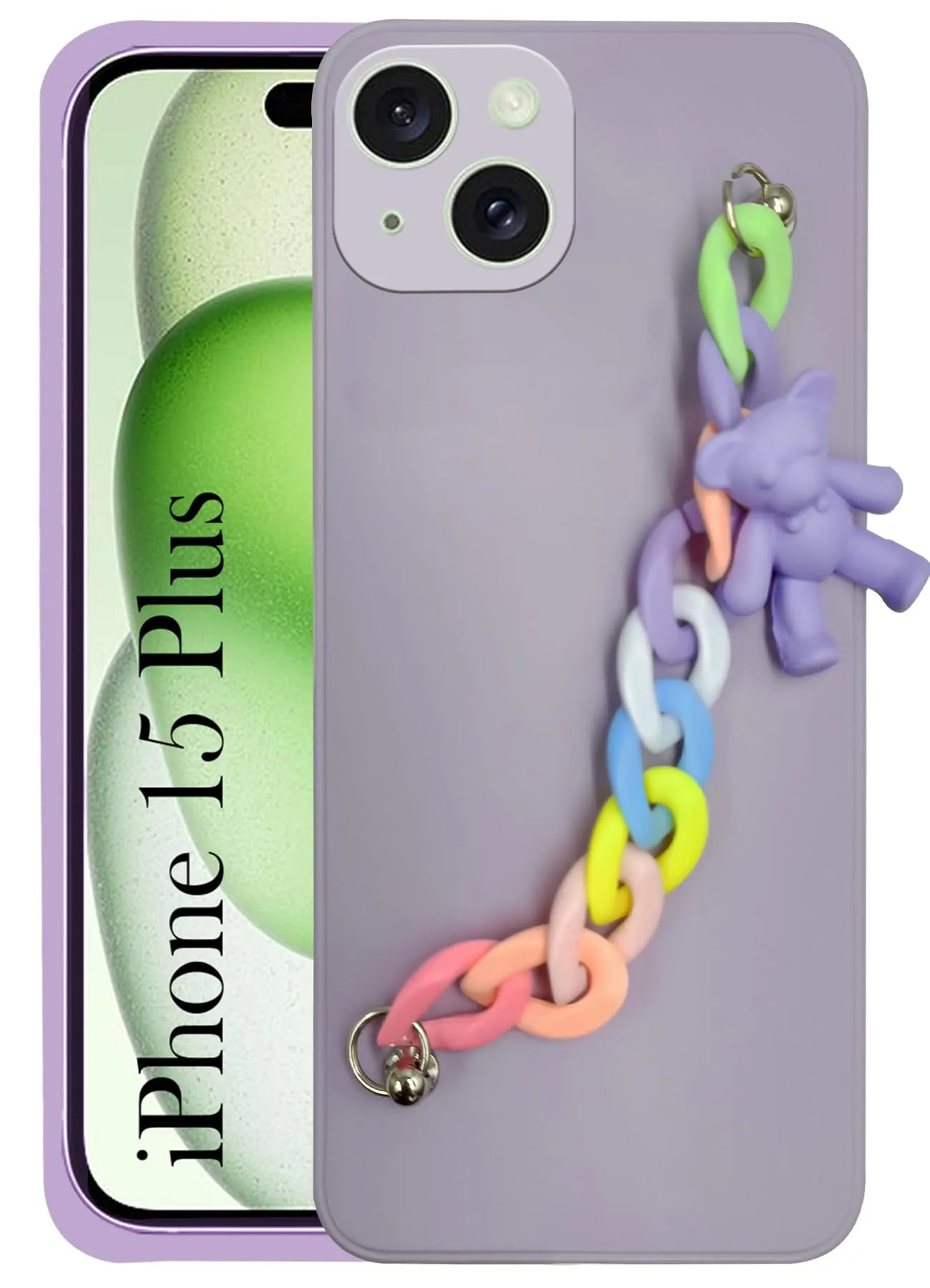 Shock Proof Work Essentials For iPhone 15 Plus Back Cover Girls Case with Bracelet (Wrist Hanging Chain | Teddy Toy Cartoon)