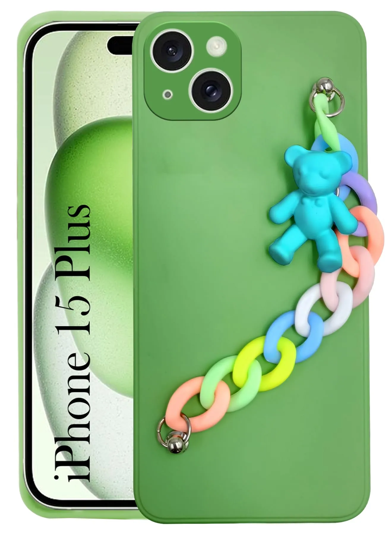 For iPhone 15 Plus Back Cover Girls Case with Bracelet (Wrist Hanging Chain | Teddy Toy Cartoon) Custom Fit