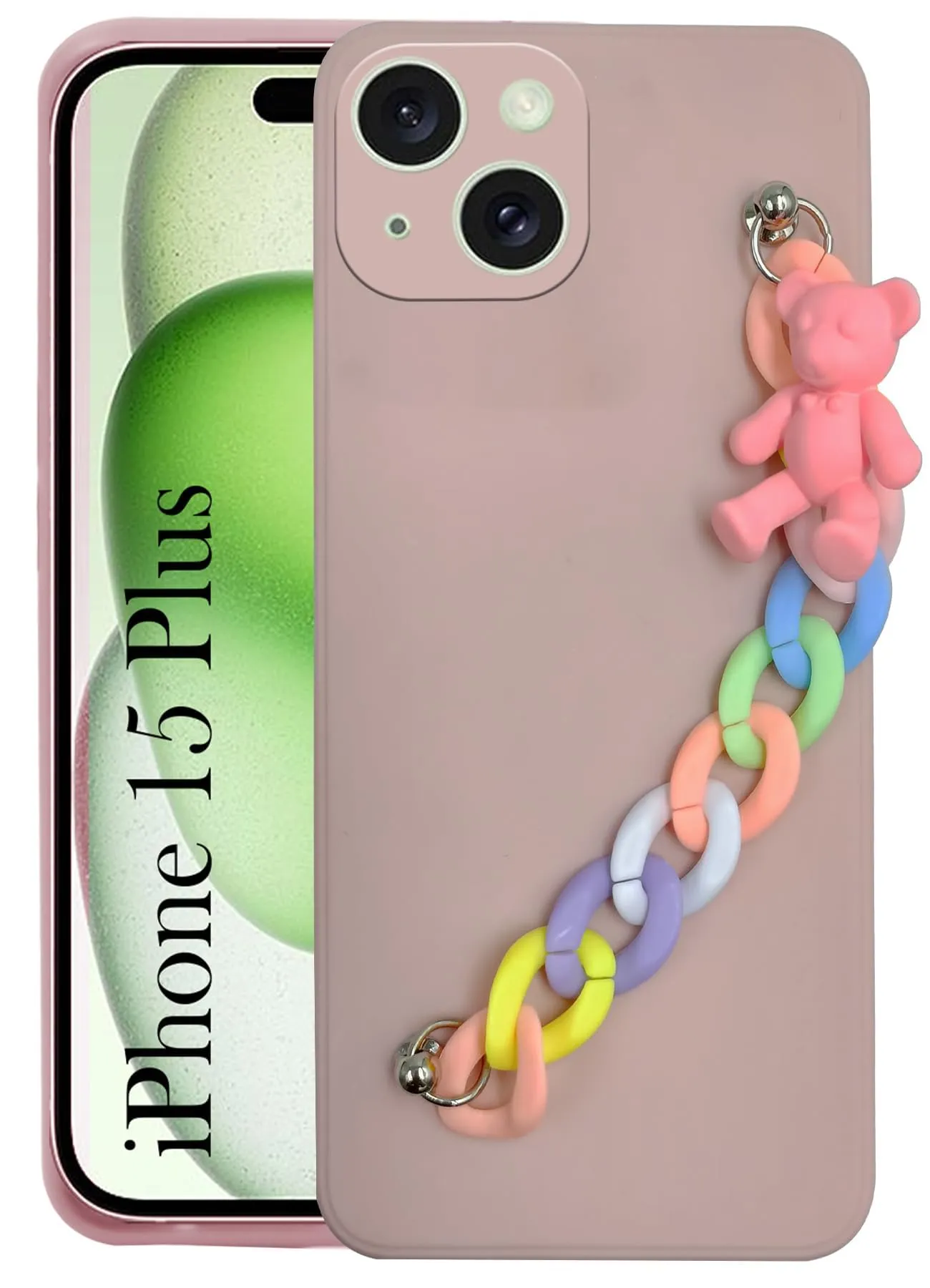 Modern feature Premium Grip For iPhone 15 Plus Back Cover Girls Case with Bracelet (Wrist Hanging Chain | Teddy Toy Cartoon)