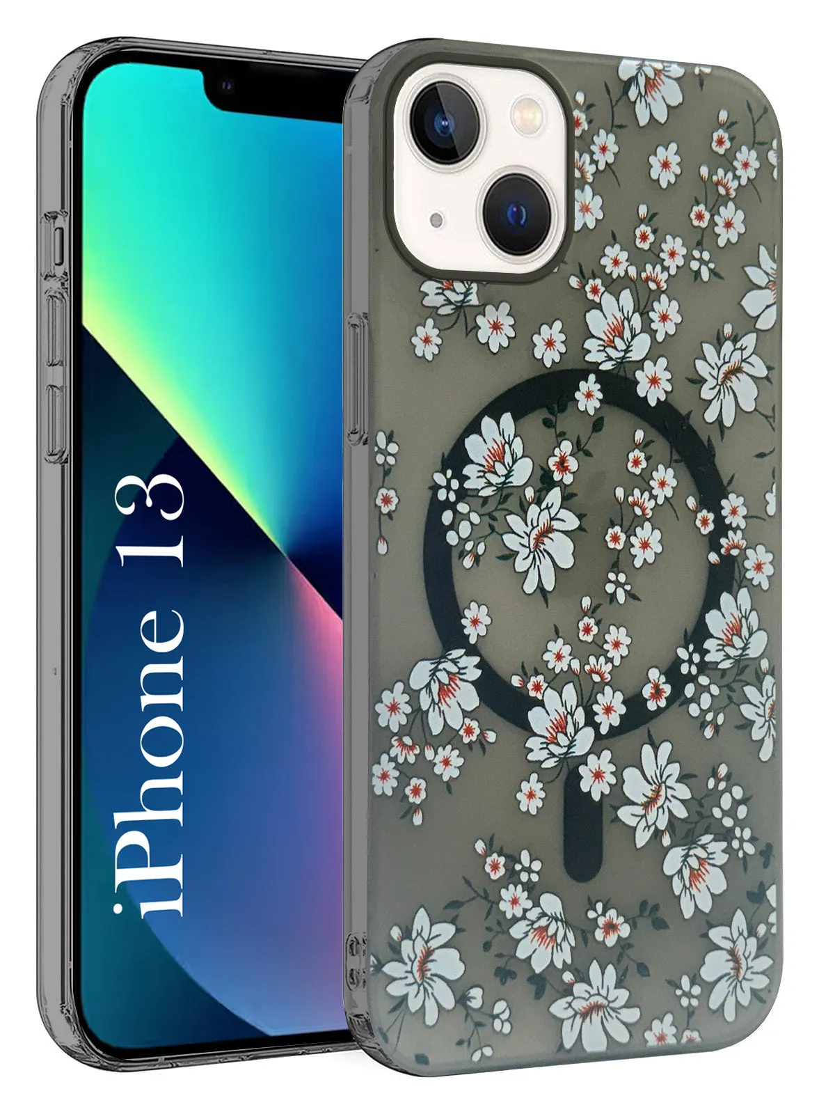 Hybrid Texture Design For Apple iPhone 13 Back Cover Case (Cute Floral Design | Flower Print for Girls | MagSafe Compatible Wireless Charging)