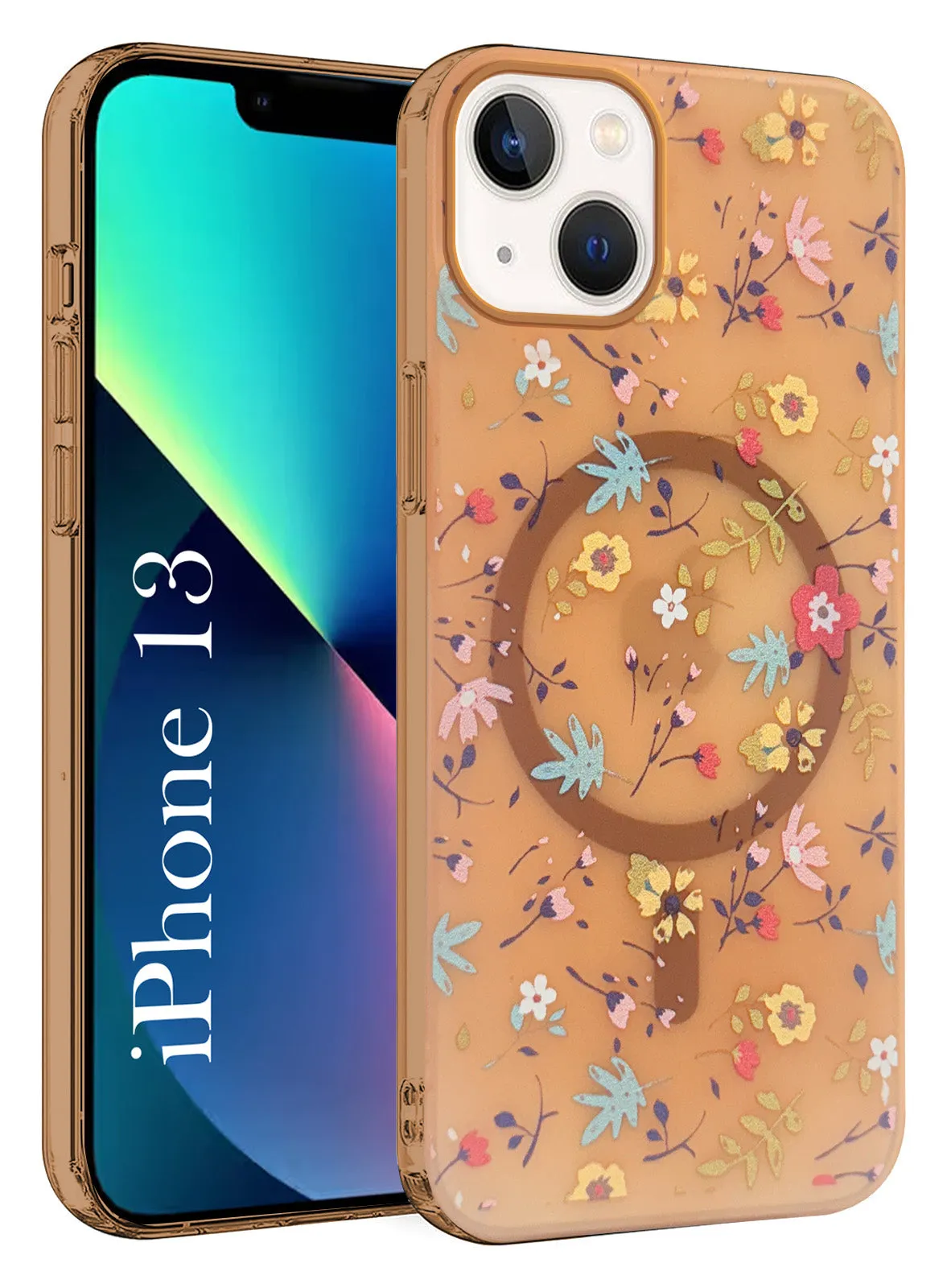 For Apple iPhone 13 Back Cover Case (Cute Floral Design | Flower Print for Girls | MagSafe Compatible Wireless Charging) Flexible Detail Design Rugged Design Style