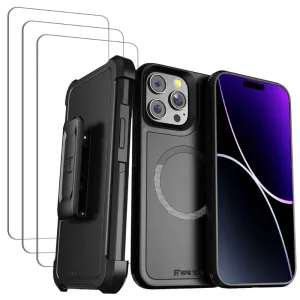 Comfort Edge Texture Apple iPhone 15 Pro Dual-Layer Holster Case w/Magsafe   3-Pack Glass Screen Protector