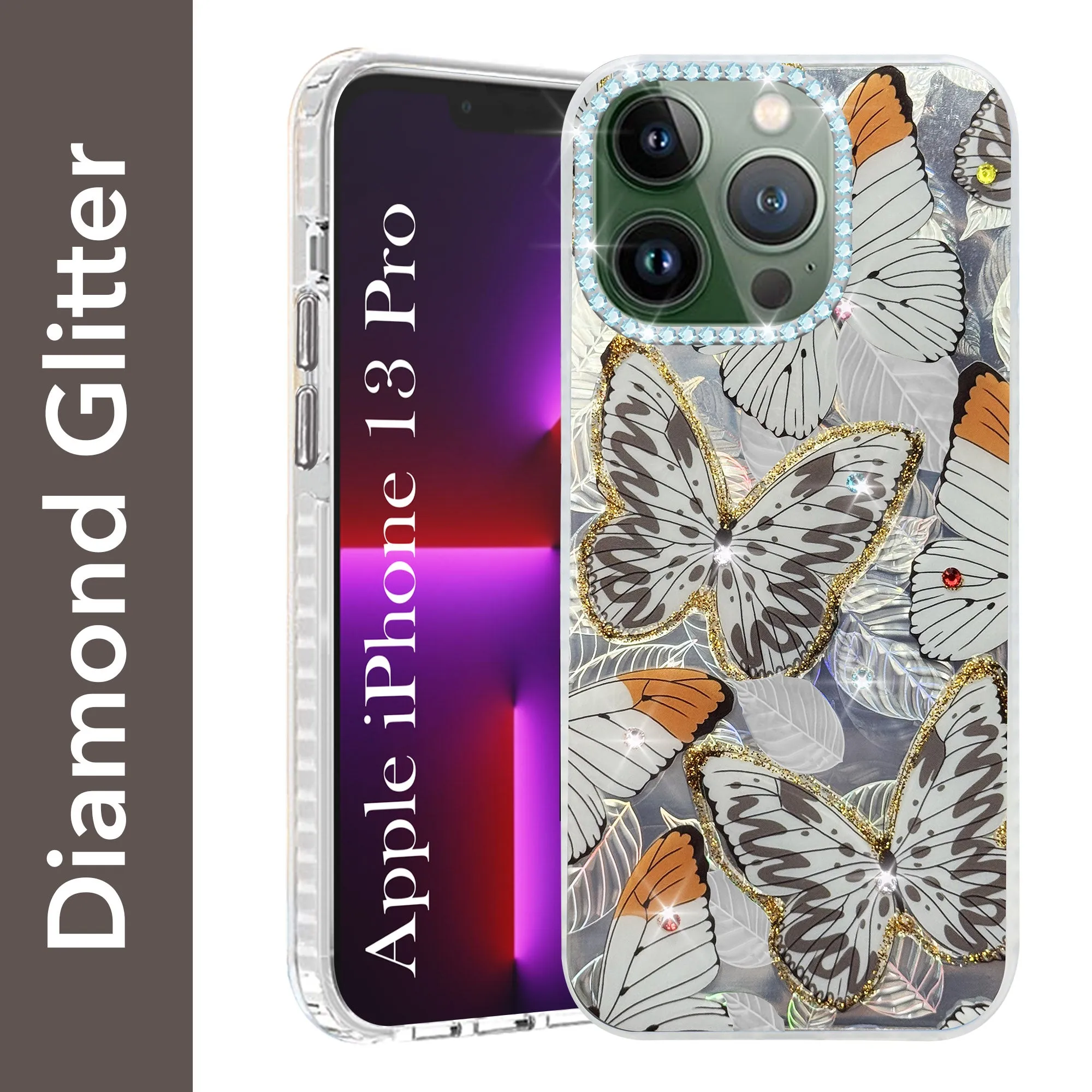 For Apple iPhone 13 Pro Back Cover Case (Luxury Floral Glitter Cute Butterfly | Diamond Studded Camera Bump | Girls & Women Design) Modern Form Modern Accent