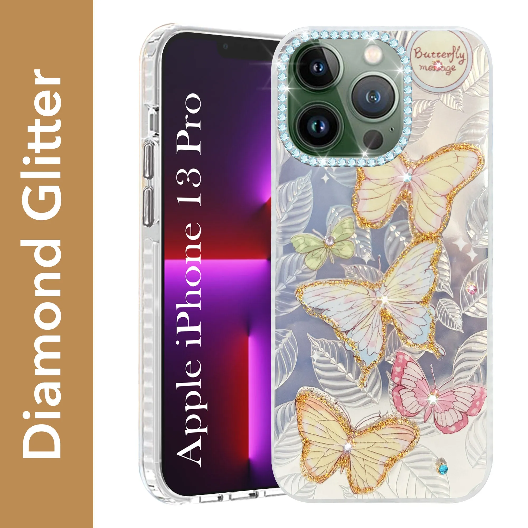 For Apple iPhone 13 Pro Back Cover Case (Luxury Floral Glitter Cute Butterfly | Diamond Studded Camera Bump | Girls & Women Design) Protective Surface Premium Detail Finish