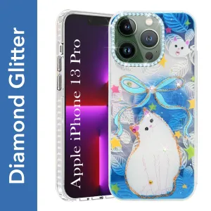 Matte Surface Unique Texture For Apple iPhone 13 Pro Back Cover Case (Luxury Floral Glitter Cute Butterfly | Diamond Studded Camera Bump | Girls & Women Design)