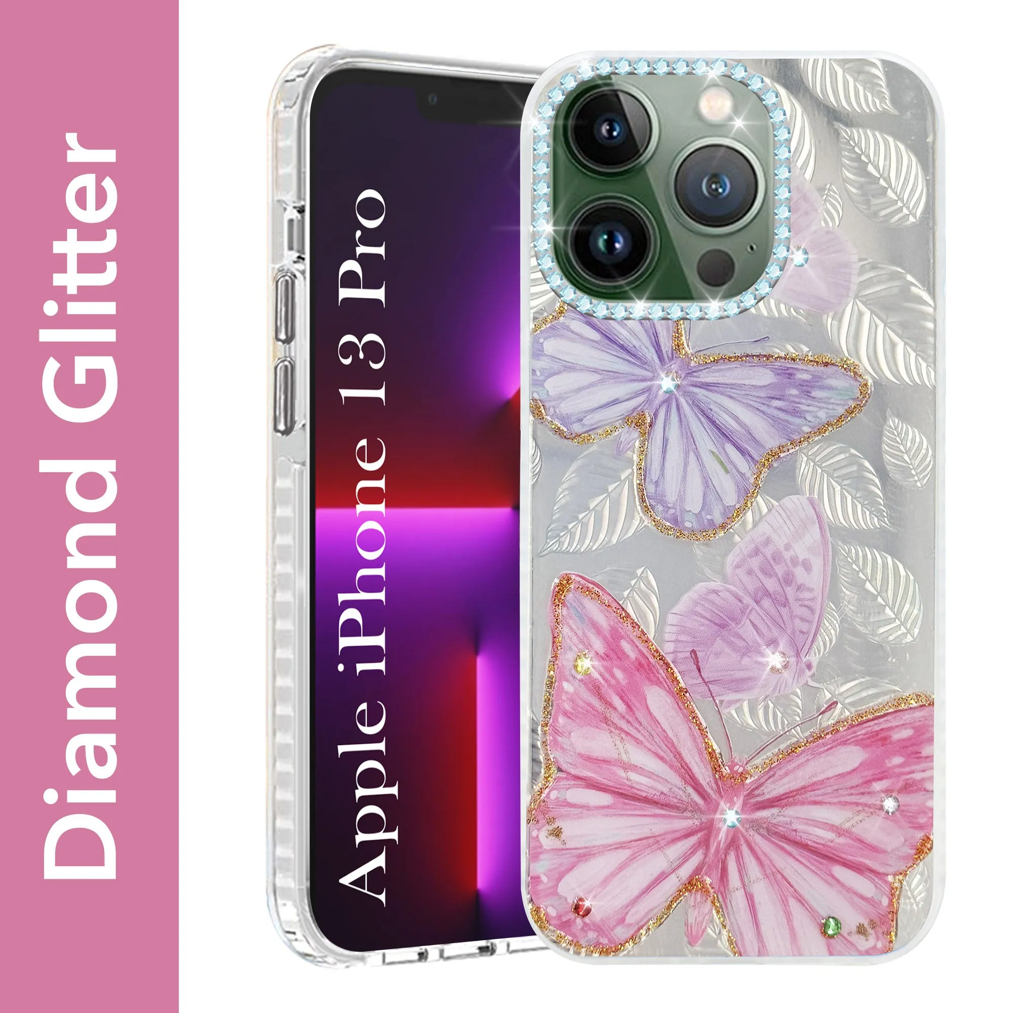 Transparent Shell For Apple iPhone 13 Pro Back Cover Case (Luxury Floral Glitter Cute Butterfly | Diamond Studded Camera Bump | Girls & Women Design)