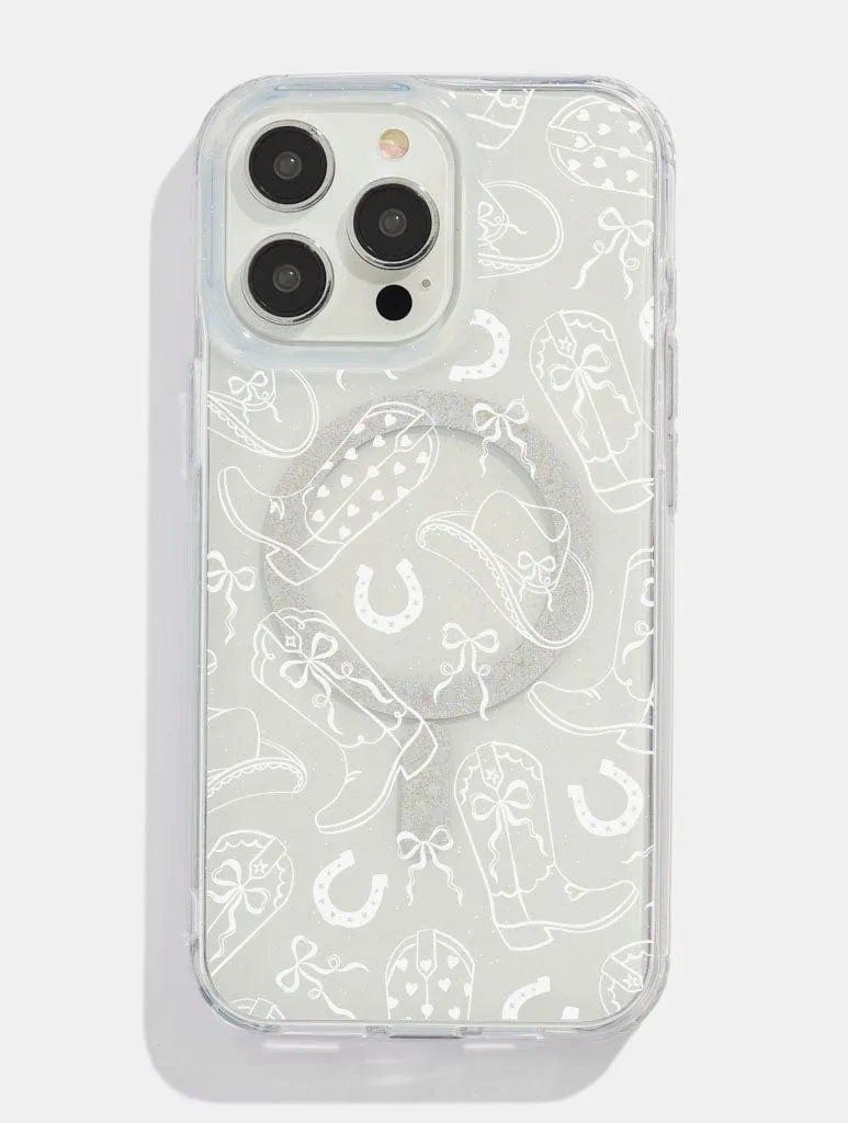White Coquette Cowgirl Glitter MagSafe iPhone Case Durable Finish Layer